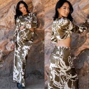 NWT Emory Park Audra Olive Marble Swirl Silky Crop Top M & Maxi Skirt Size S
